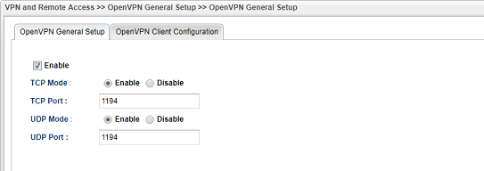 a screenshot of Vigor3900 OpenVPN General Setup